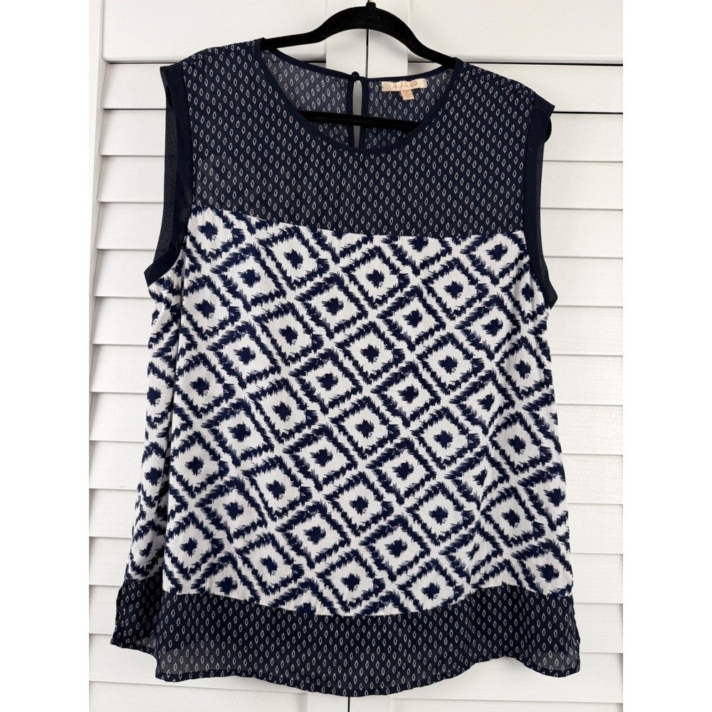 Skies Are Blue Sleeveless Blouse Women XL Navy Blue Geometric Mixed Print